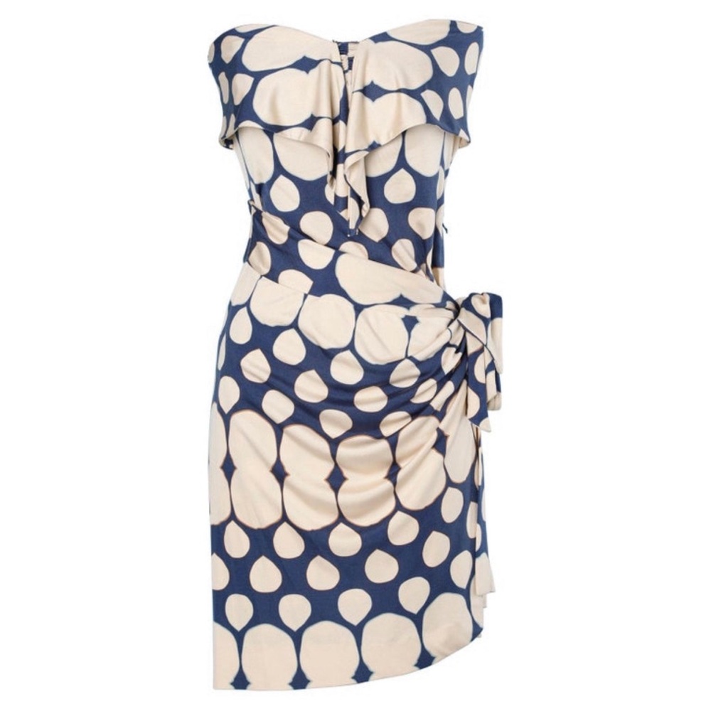 Diane Von Furstenberg Strapless Navy and Cream Polka Dot Dress